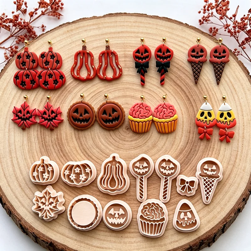 FALL SPOOKY Pumpkin Flower Grimace Polymer Clay Cutters Lollipop Ice Cream Earrings Jewelry Pottery Clay Making Ceramics Tools