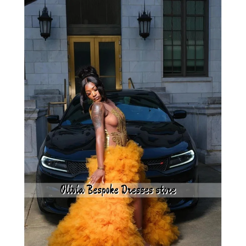 Personalizado aso ebi laranja babados vestido de baile preto meninas cristais dourados miçangas vestido de aniversário formal vestido de festa