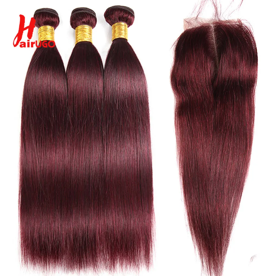 Burgurdy Straight Bundles With 4X4 Closure HairUGo 99J Three Bundles With Closure Brazilian Hair Remy Straight Human Hair Weave