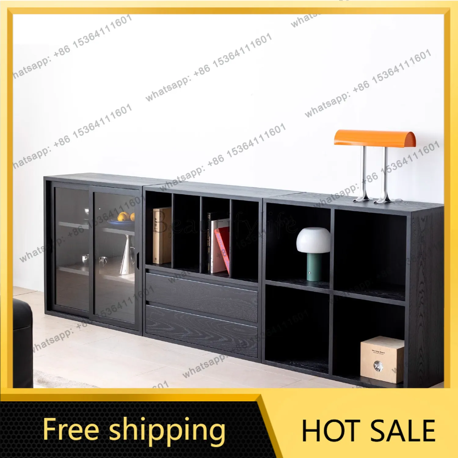 LS French retro module combination sofa side cabinet solid wood ash wood texture bay window lattice cabinet