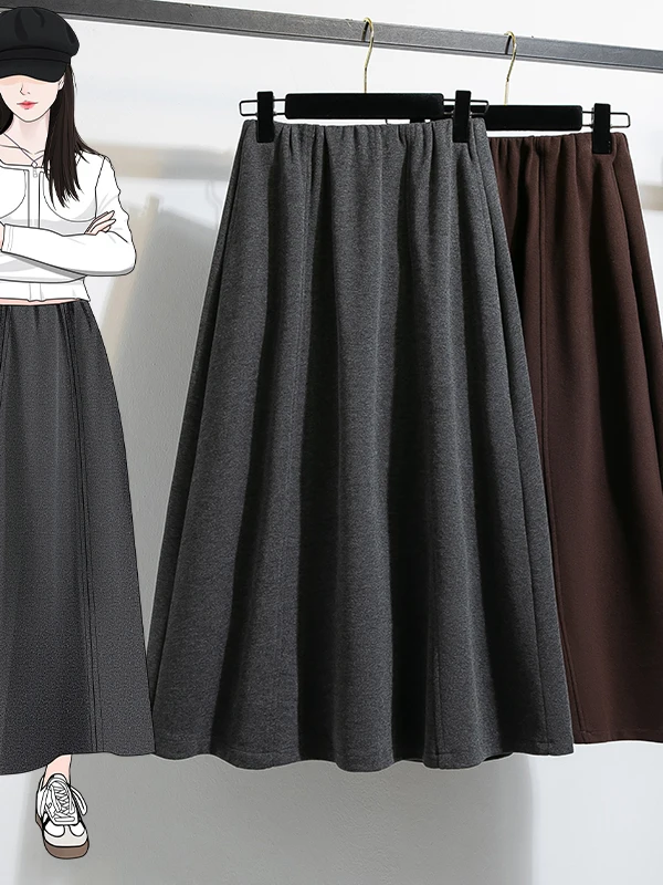 Acetate Wool 6-Piece Skirt Women's Autumn Winter Long Skirt with Pocket Inner Elastic Waist mid Waist Loose Fit Style