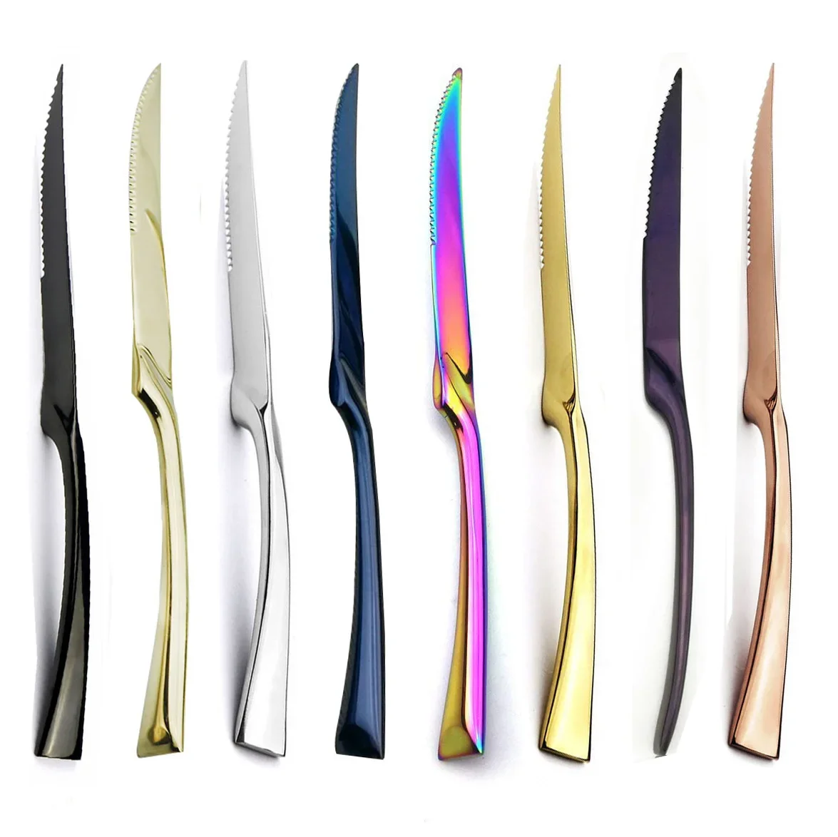 Colorful 18/10 Stainless Steel 6-Piece Mirror Cutlery Dinnerware Meat Fish Knife Serrated Steak Knife Serving Black Utensil Set