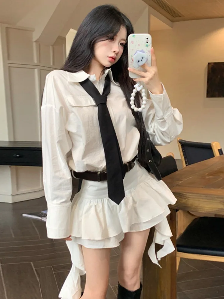 

Cool Sexy White Long Sve irt Dr Women's Faion Spring Design with Lace Hem ort Skirt Set Universal Fit Medium Thic...