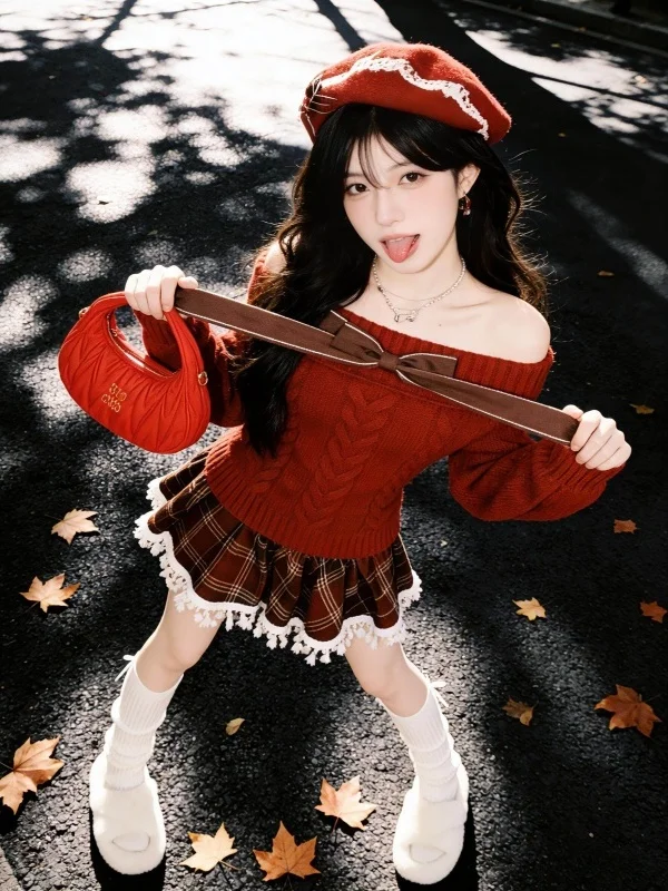 

New Year Red Bowknot Long Sve Knitted Sweater Women's oulder Bared Soft Cozy Winter Top Korean Sle Slim Fit Commute Fa...