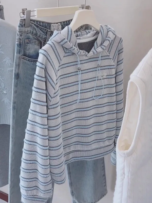 

Премиальный худи из чистого хлопка с контрастными полосками, женский, свободного кроя, повседневный топ, новинка весны, большие размеры, эффект похудения