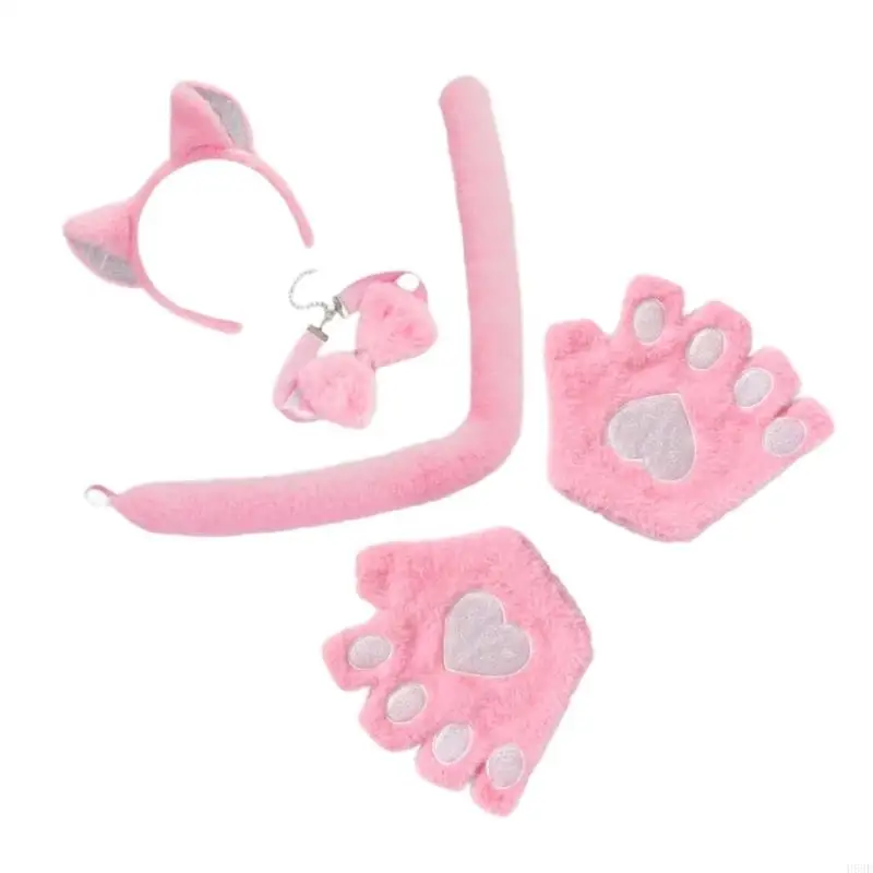 H58E 4Pcs 고양이 의상 세트 고양이 귀 머리띠 고양이 발 장갑 꼬리 Bowtie 어린이 성인