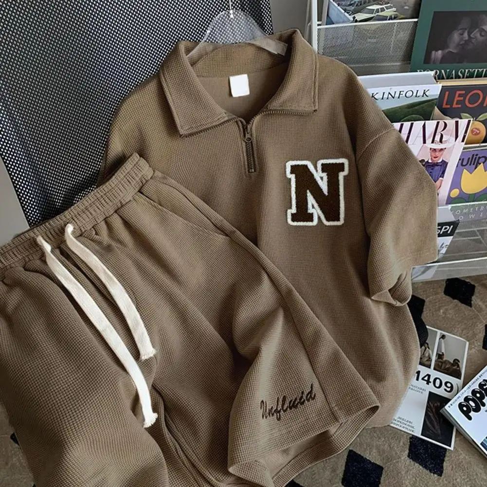 Waffle Texture Women T-shirt Shorts Set Zipper Neckline Letter Decor Men Women Loose T-shirt Shorts Jogger Outfit Sports Suit