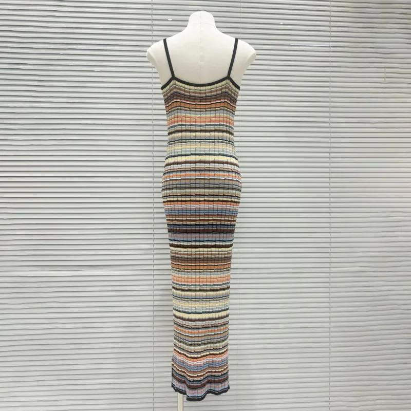 CHUJIE 2025 サマーコントラストストライプドレス - スリムフィットロングニットスリップ＆同スタイル半袖Tシャツ、ビスコース混紡