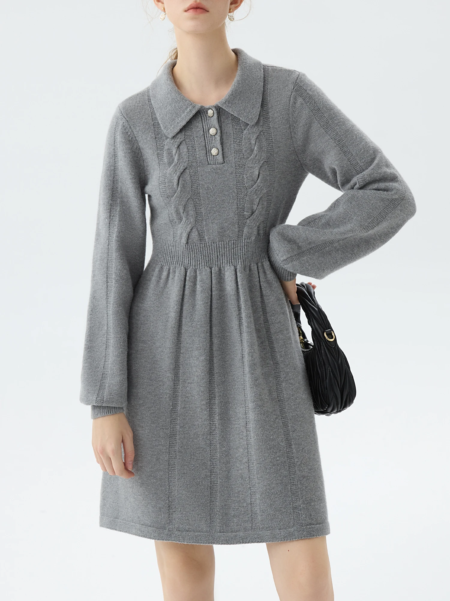 

FSLE Gray Elegant Style Knitted Long Sleeve Dress for Female 2024 Autumn Winter New Design Twisted Warm Short Dress 24FS14449