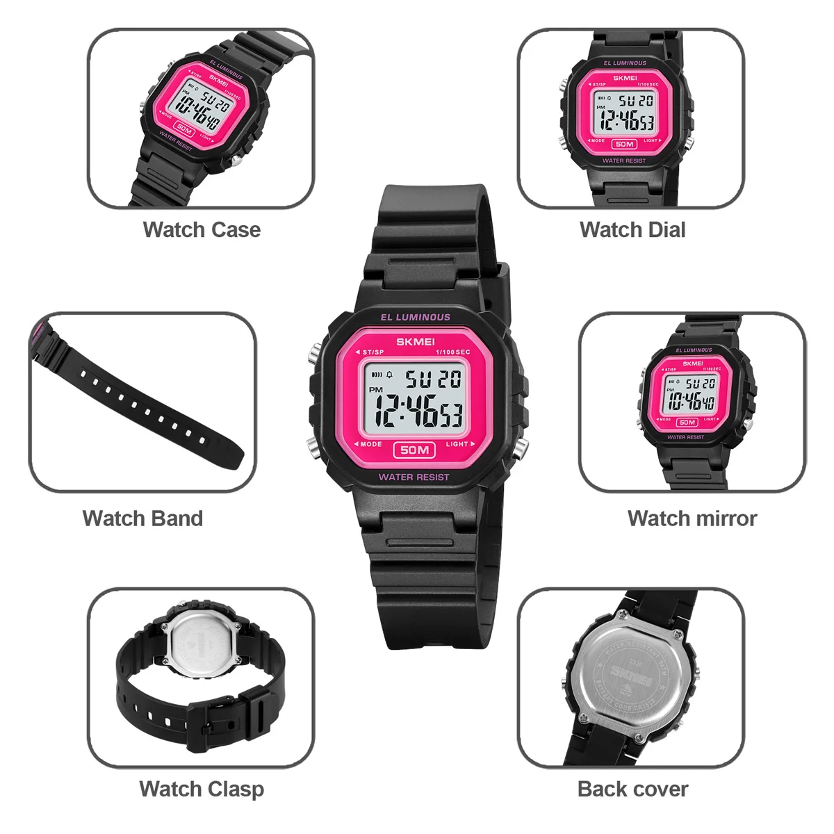 SKMEI-reloj deportivo Digital para mujer, cronógrafo de pulsera resistente al agua, con alarma y fecha automática