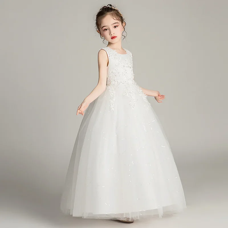 Flower Girls Sequined Evening Ball Gown Long Dress Tween Children Party Princess Dress Puffy Tulle Performance Mesh Dress