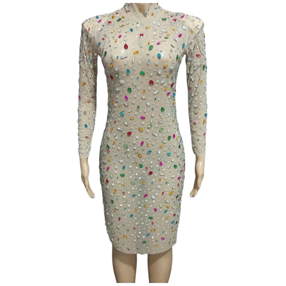 

Colorful Rhinestones Chain Party Dress Long Sleeve Mesh Transparent Crystals Skinny Outfit Evening Stage Singer Host Costume