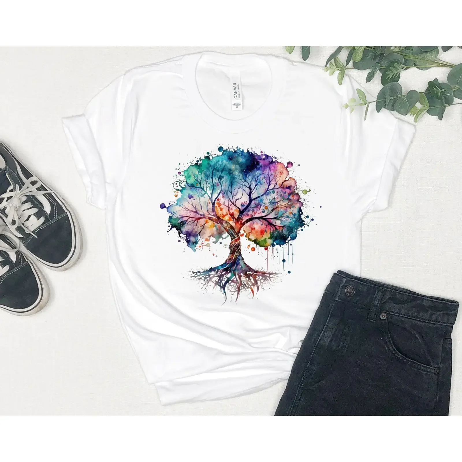 Tree of Life  T Shirt The Sacred Watercolor Design ForesT Nature Lover vintage Washed graphic Comfortable homme Casual Stylish