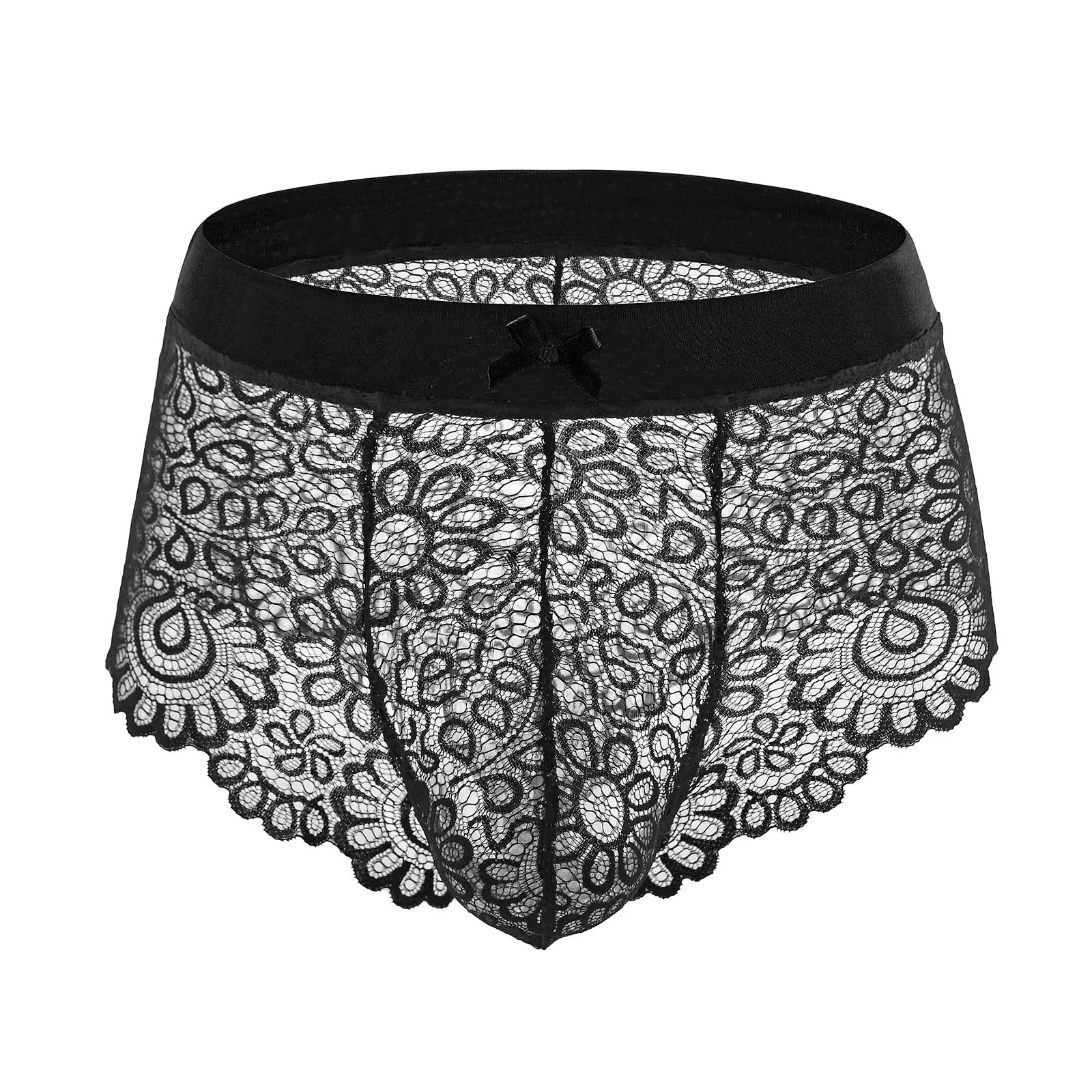 CLEVER-MENMODE Lace Mesh Sexy Underwear Men Boxers Shorts Crossdress Lingerie Bow Sissy Erotic Panties Transparent Underpants