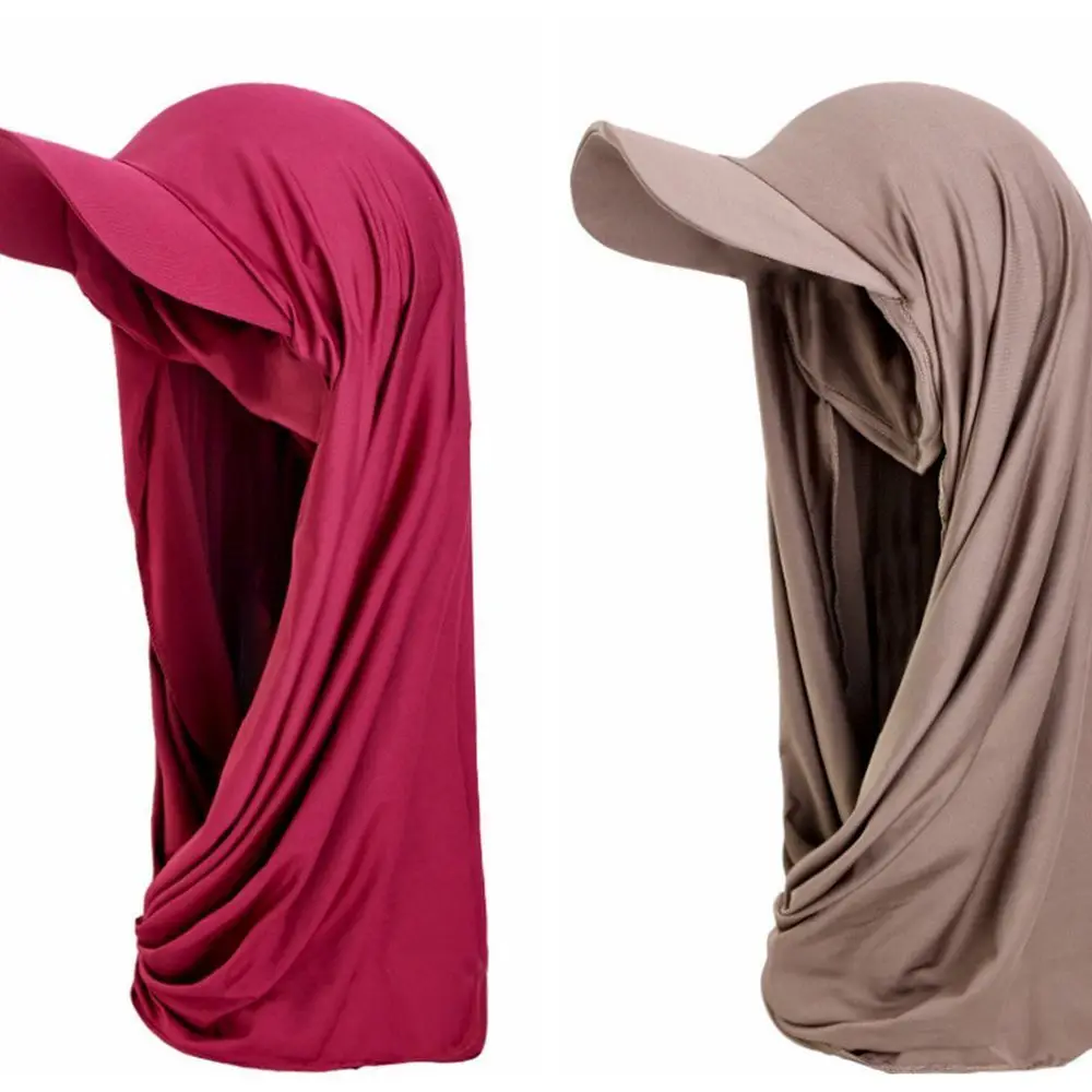 Long Solid Color Brim Bandana Cap Simple Adjustable Hijab Shawl Hat Polyester Breathable Scarf Hat Middle Eastern Style