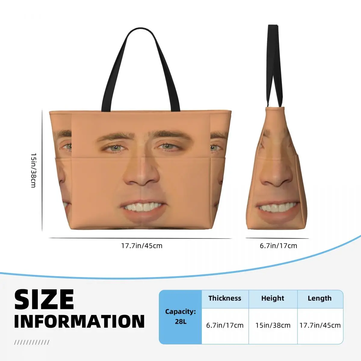 Nicolas Cage Bolsa tote de praia de rosto inteiro, esporte, academia, ioga, duffle, sacola grande, feminina, bolsa de viagem, fitness