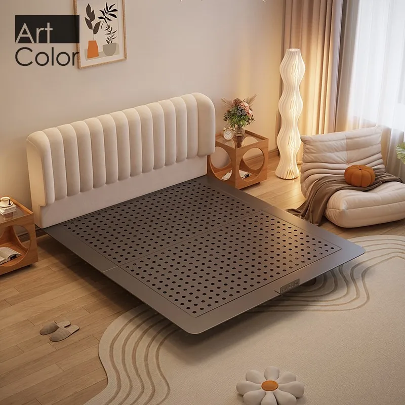 New carbon steel cream wind flush edge environmental protection bed light luxury modern simple French fabric bed master bedroom