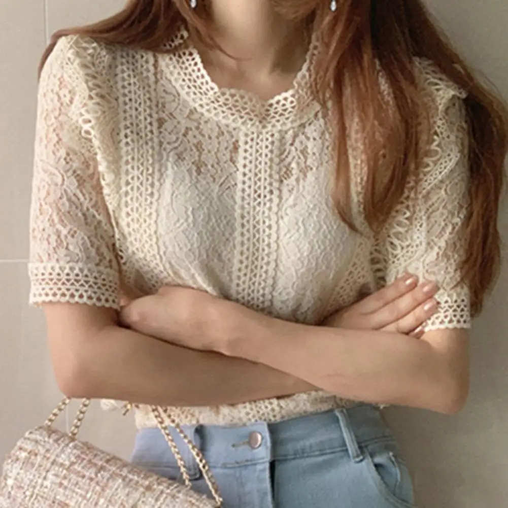 O-neck Fashion Retro Slim Chic Top Short Sleeve Loose Summer Pullover Blouse Casual Lace Hollow Out Elegant Shirt Workwear