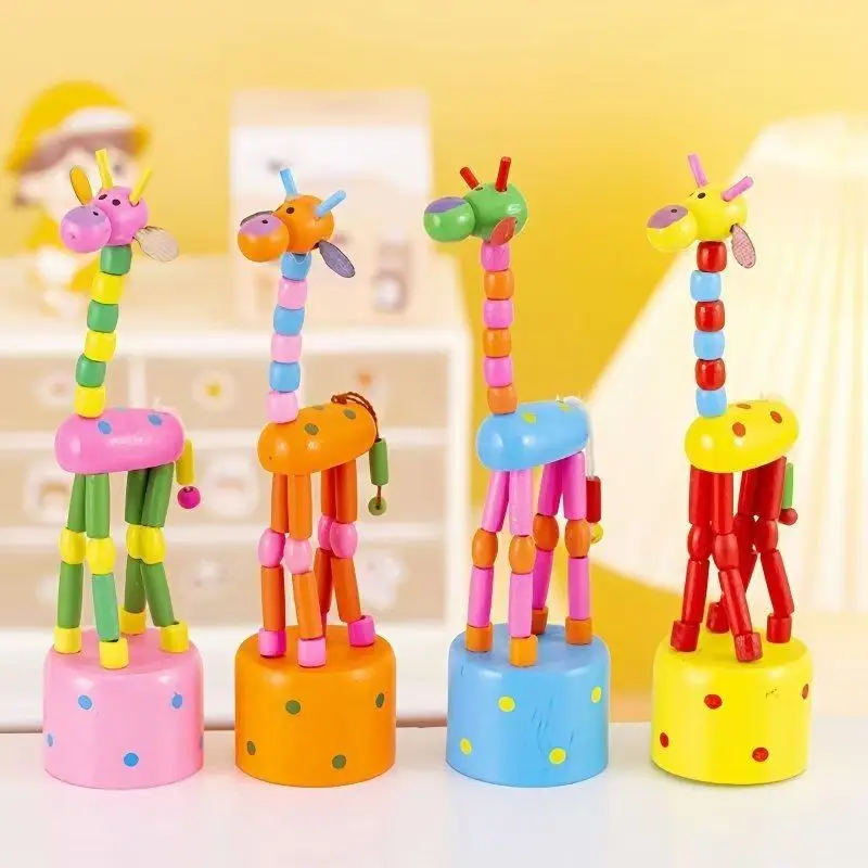 2PCS Cute Colorful Wooden Giraffe Pull Toy Finger Puppets For Kids Swing Dancing Animals Party Favors Bifthday Gifts Boys Girls