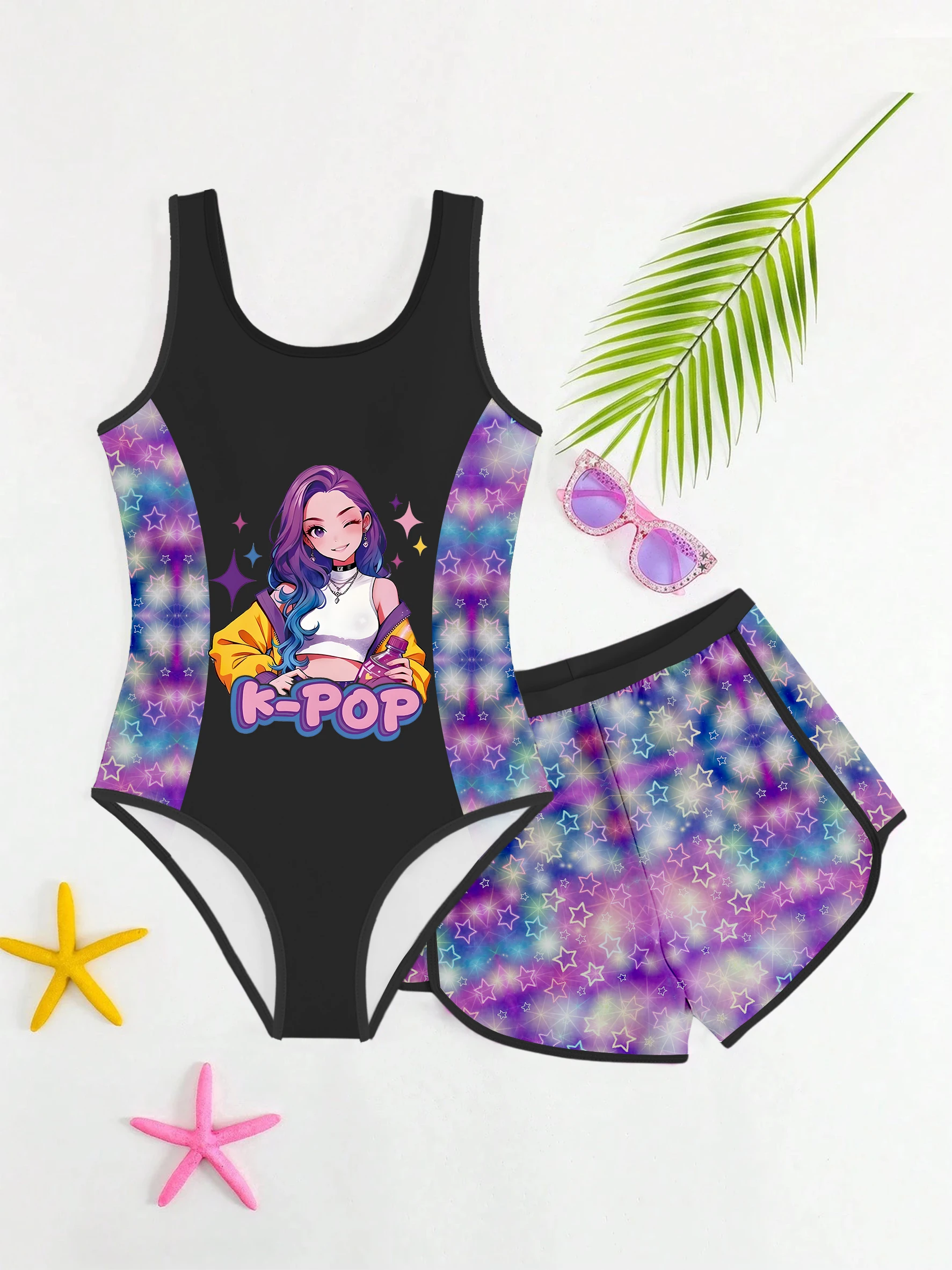 Süßer und cooler zweiteiliger Badeanzug für Mädchen, Farbverlauf in Rosa und Lila mit Cartoon-Idol-Print, Badebekleidung im Tank-Top-Stil mit Shorts – Detail 3