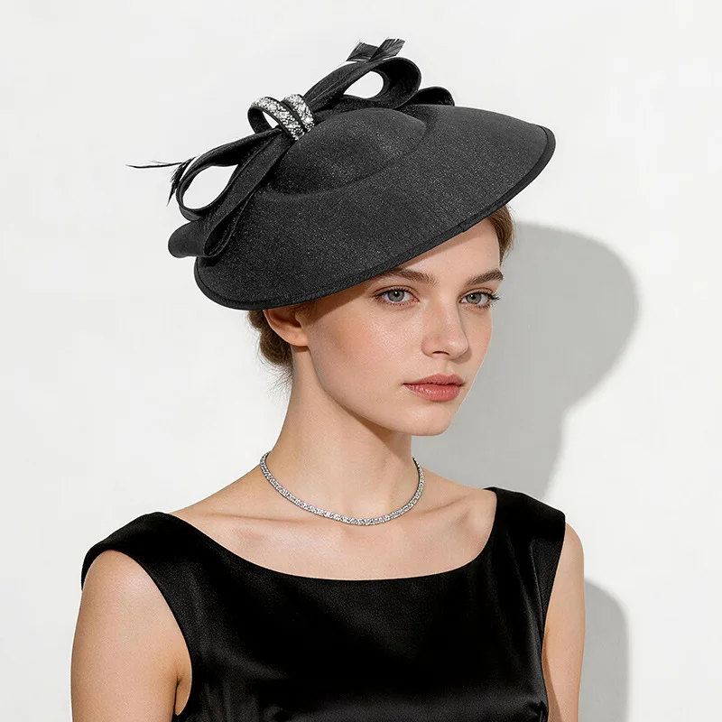 Women Fascinator Hat Bow Rhinestone Feather Headband, Elegant Tea Party Wedding Race Church Hair Accessory Hepburn-inspired