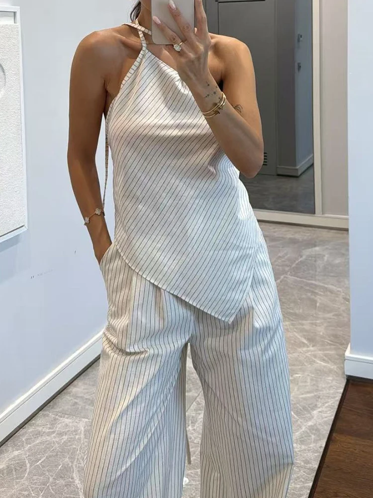 

Топ с открытой спиной и широкими брюками, комплект из 2 предметов, женский летний сексуальный простой наряд без рукавов, новые шикарные женские костюмы в полоску в стиле пэчворк