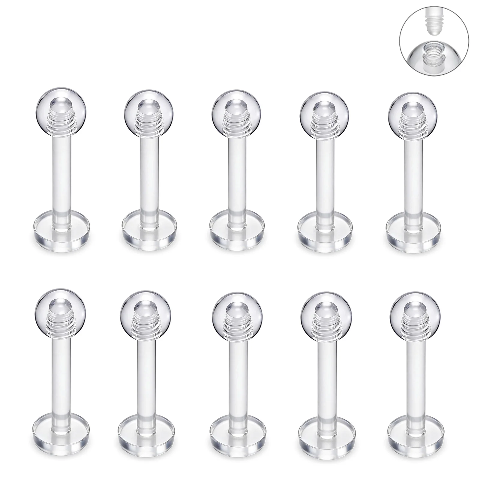 10/50/100pcs Transparent Acrylic Labret Studs Internal Thread Lip Retainer Cartilage Tragus Helix Earring Body Piercing Jewelry