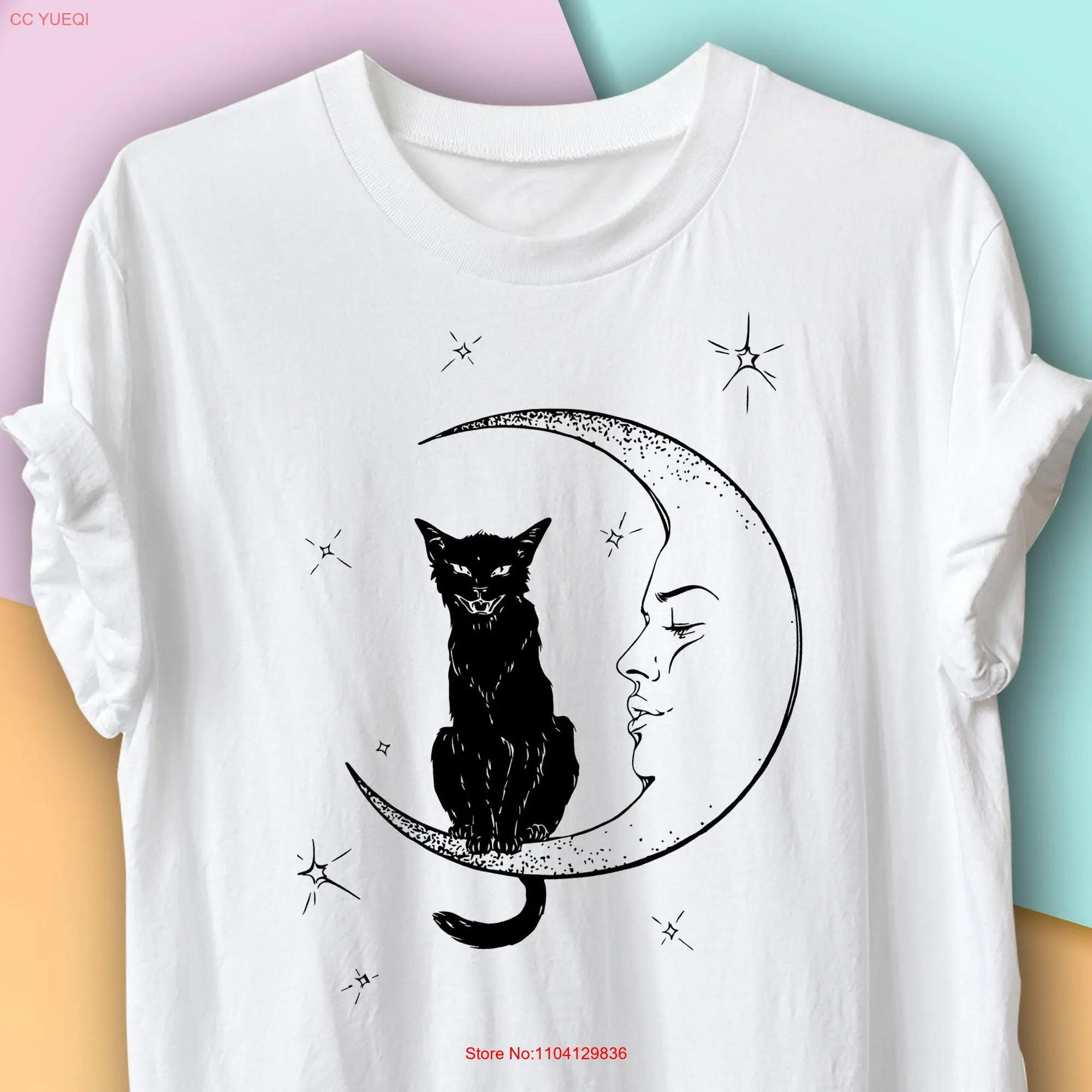 Cat in Moon T Shirt Halloween Celestial Witch Witchcraft or OcculT Mystical long or short sleeves