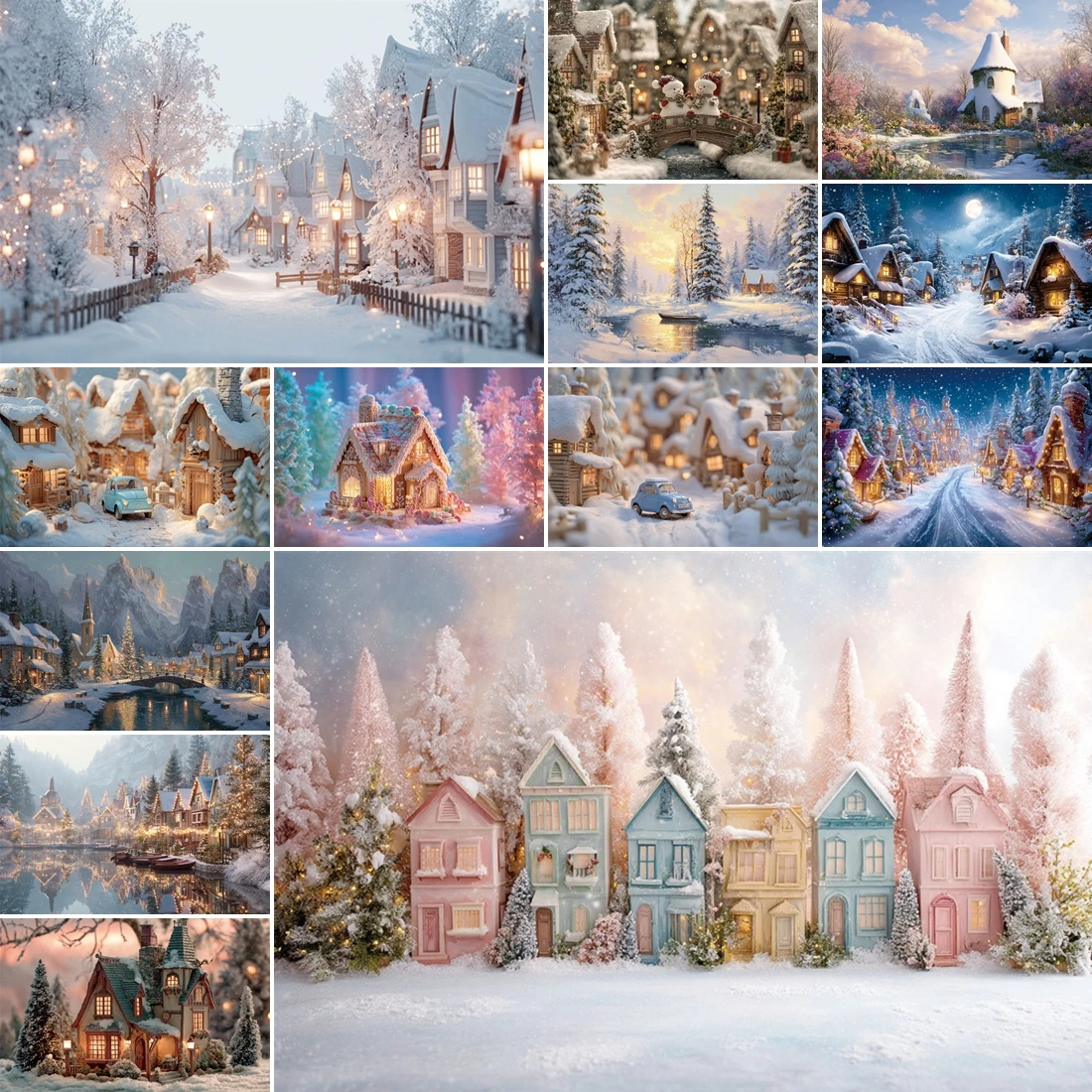 

MOON.QG Christmas Gingerbread House Backgrounds Photographs Town Village Pine Forest Backdrop Kids Studio Photobooth Birthday