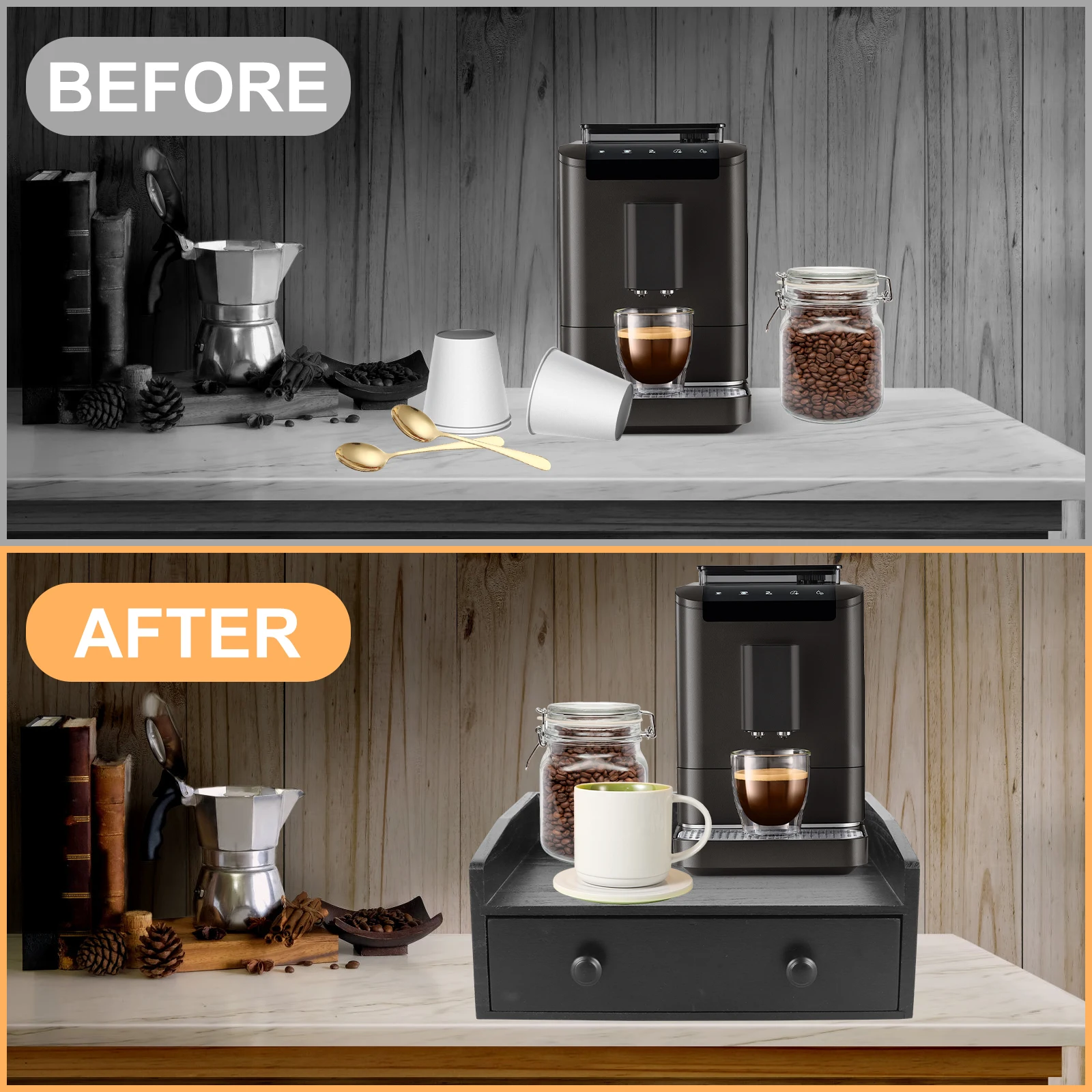 Wooden Coffee Rack Countertop Coffee Bar Organizer with Drawer Large Capacity  Vintage Coffee Organizer Station for Home Office