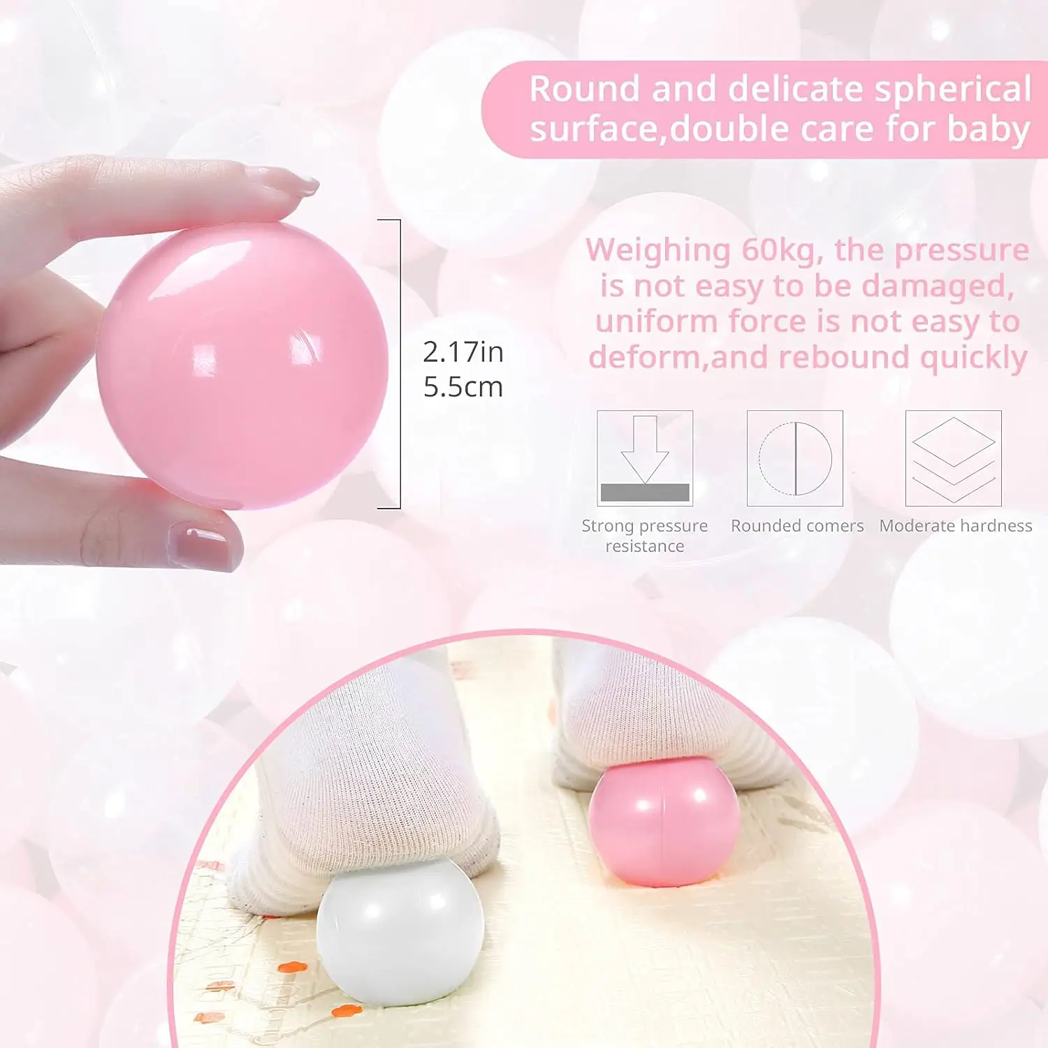 Zachte plastic ballenpitballen, 100 stuks roze + wit + transparant, plastic speelgoedballen voor kinderen, verpletterende stressballen voor feestjes