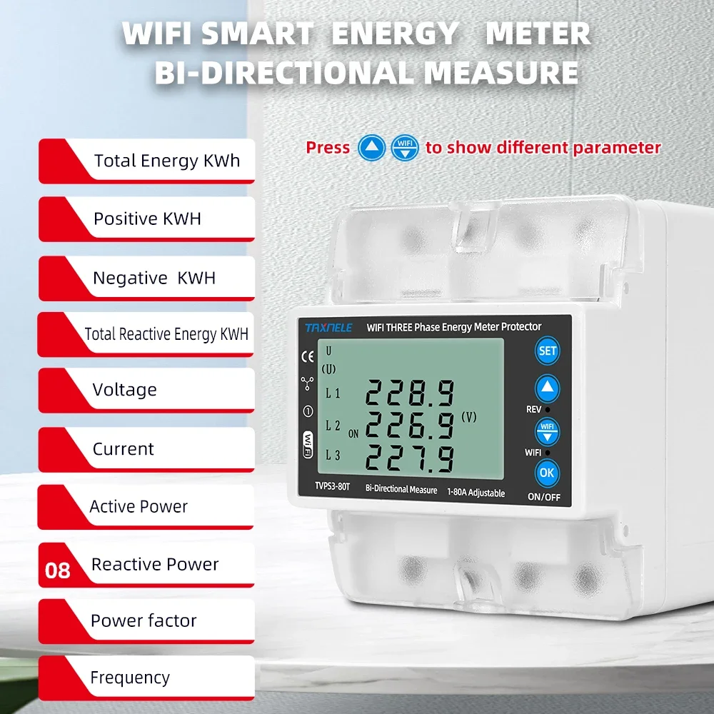 3 phase 380V Tuya WIFI Smart Bidirectional Energy Meter Over Under Voltage Protector Relay Switch Current Limiter Smart Life