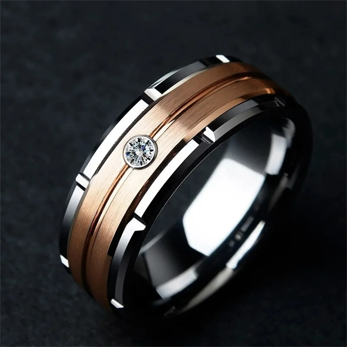 Fashion Couple Rings Women's Hollow Carving Pattern Zircon Stones Ring Trendy Men's Stainless Steel Ring Wedding Band Jewelry