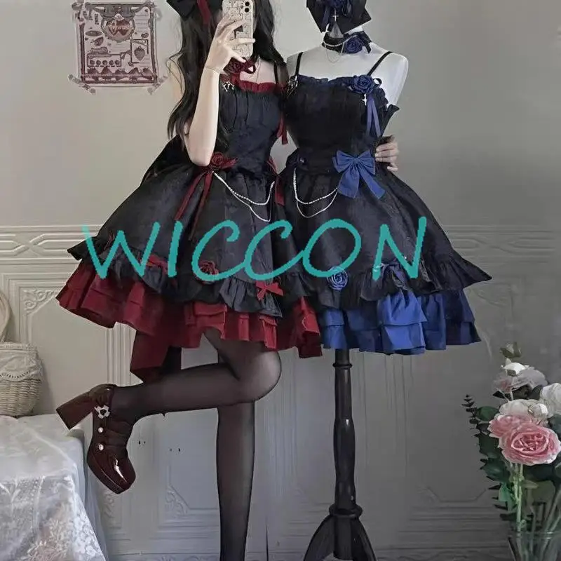 Victorian Dark Gothic Lolita Jsk Dress Women Vintage Elegant Rose Flower Bow Princess Strap Dresses Girls Sweet Tea Party Dress