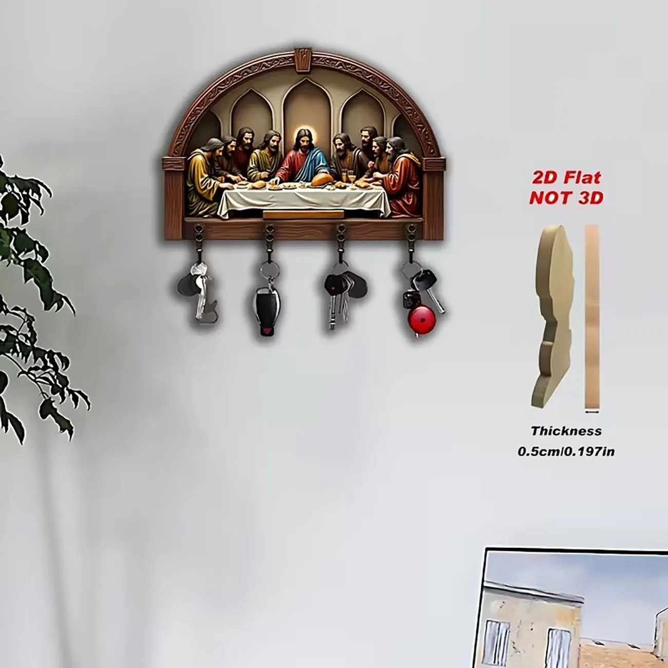 Wooden The Last Supper Key Holder Wall Decor 2D Flat Print Wall Mount Key Rack for Home Entryway Decoration