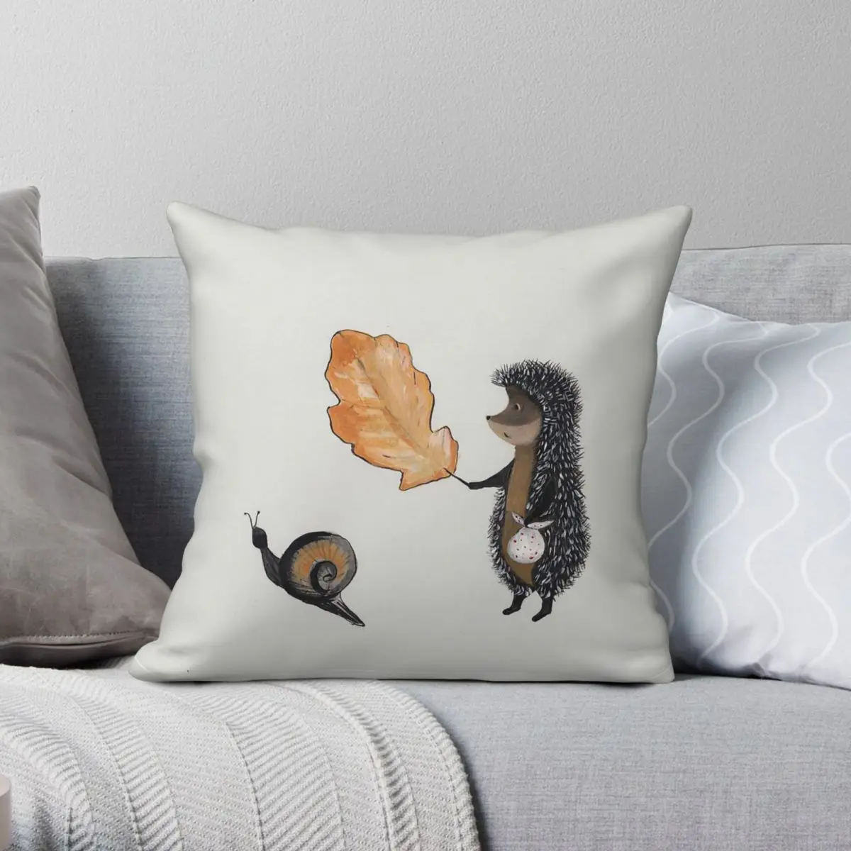 Hedgehog Found The Snail Square Pillowcase Polyester Linen Velvet Printed Zip Decor Pillow Case Sofa Cushion Case