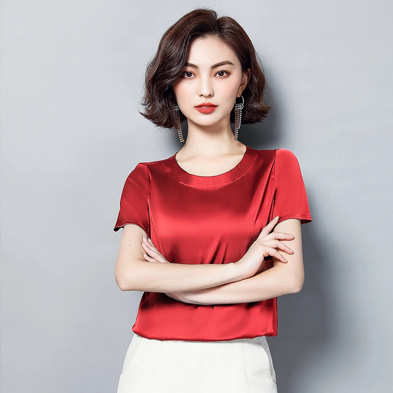 Vintage Artificial silk Short Sleeve Pullover Shirt Summer Elegant Office Lady Acetate satin Blouse chiffon tops blouse large