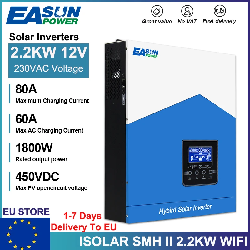 EASUN 2.2KW Hybride Solar Inverter 12V 220V 80A MPPT Controller Zuivere Sinus Off-Grid Inverter Met WiFi ondersteuning LiFePO4 Batterij