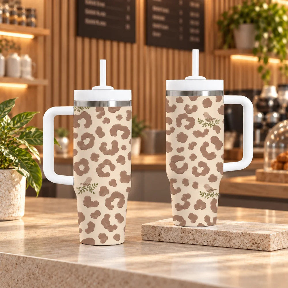 Boho Leopard Style Gift Vacuum Flasks 40oz em Aco Inoxidavel com Alca e Canudo, Caneca de Viagem a Prova de Vazamentos