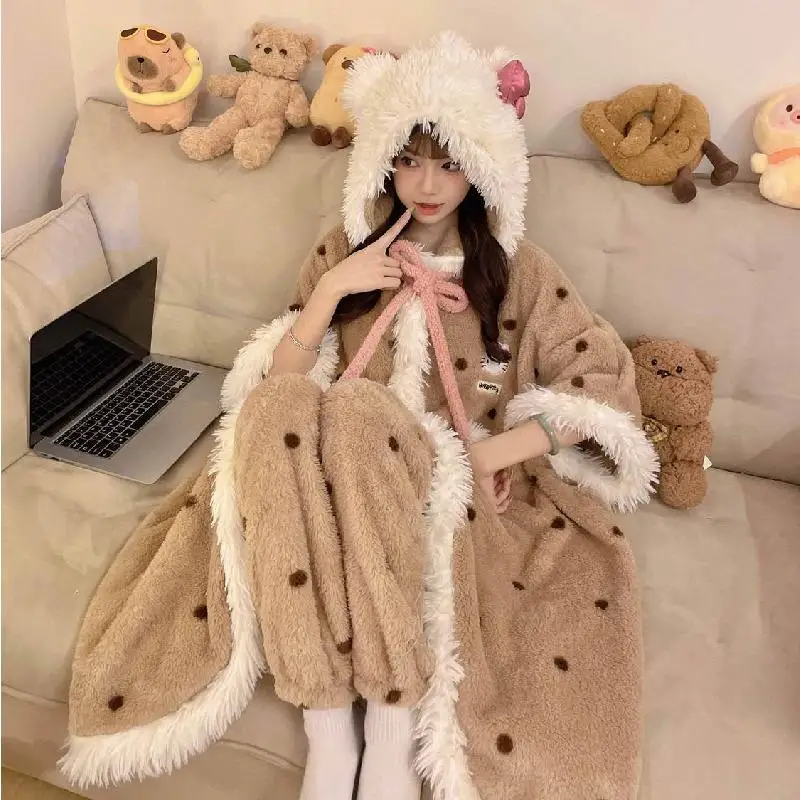 Kawaii Hellokitty Pajamas Nightgown Girls Pajamas Coral Velvet Pants Sanrio Plush Warm Cloak Winter Casual Home Wear Set