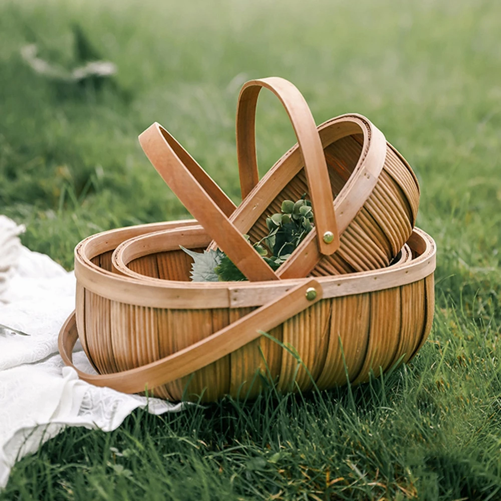 Natural Wicker Wooden Woven Storage Basket With Handle Picnic Basket Portable Snack Fruit Bread Vegetable Basket Flower Baskets