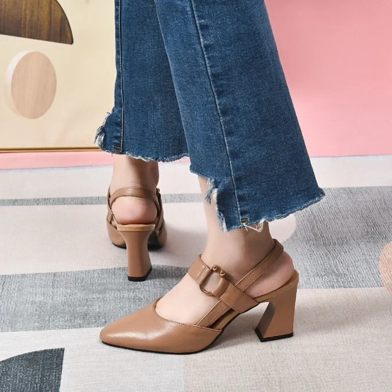 With Medium Heels Woman Shoes Buckles Sandals for Women Leather Comfort Luxury 2025 Daily Casual Vintage Summer Comfortable