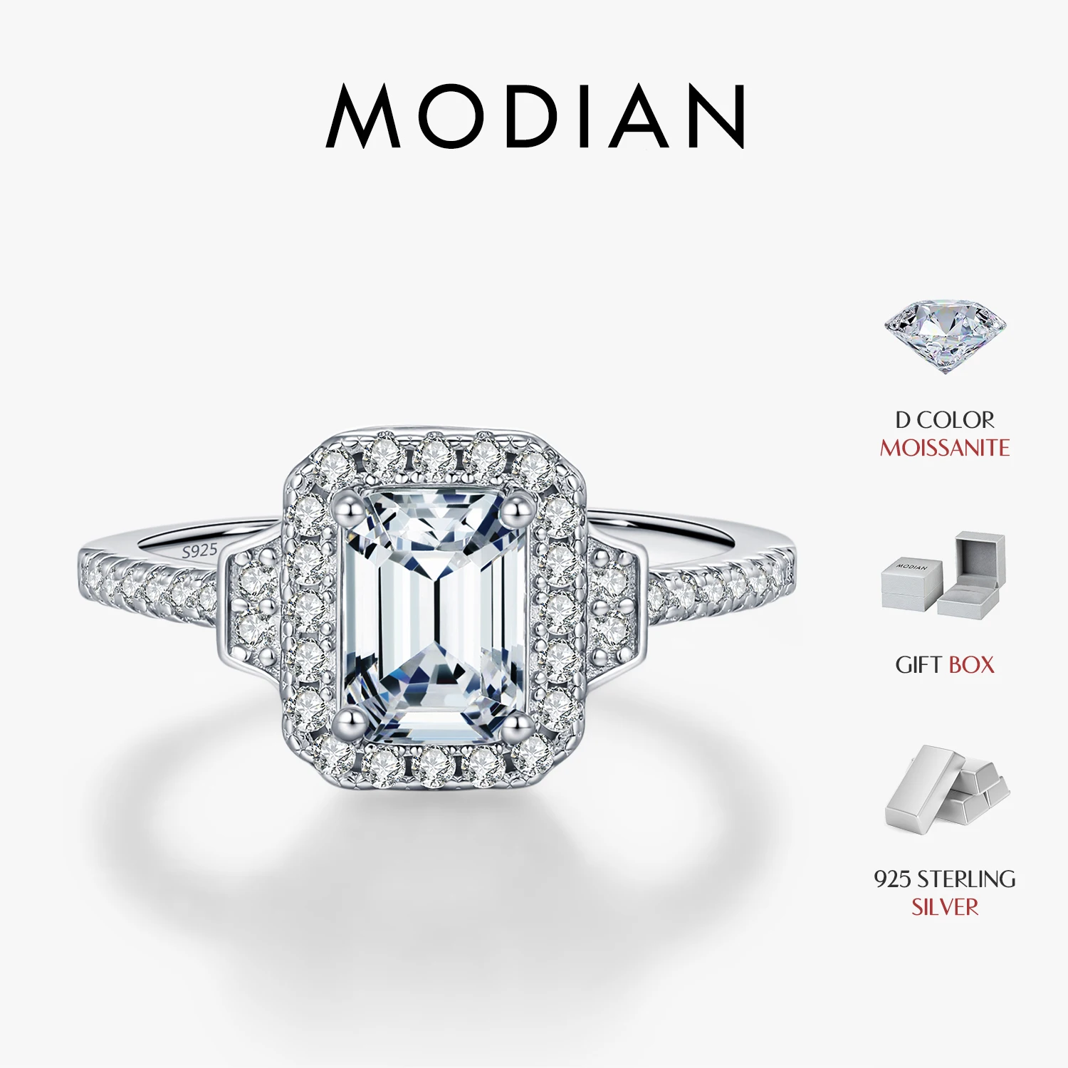 

MODIAN 925 Sterling Silver Classic Emerald Cut Moissanite Finger Rings For Women Wedding Fine Jewelry Accessories