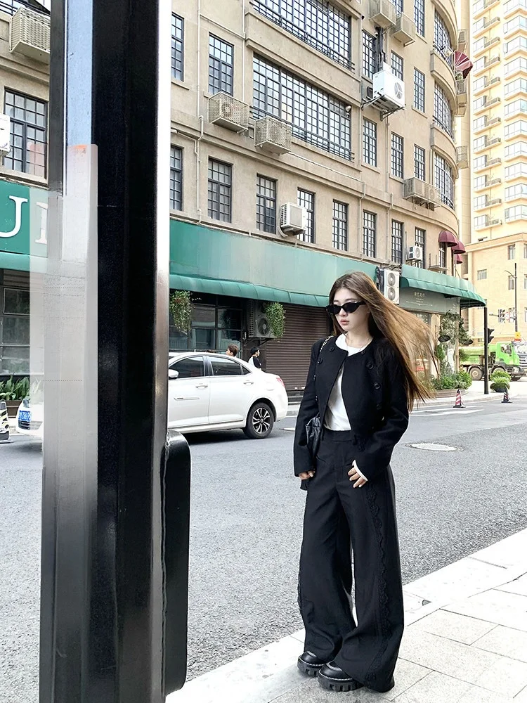 

2toyoung Lace Trim Suit Pants Women's High Waist Drapey Loose Wide Leg Casual Pants Spring Cool Sle Polyester Commute