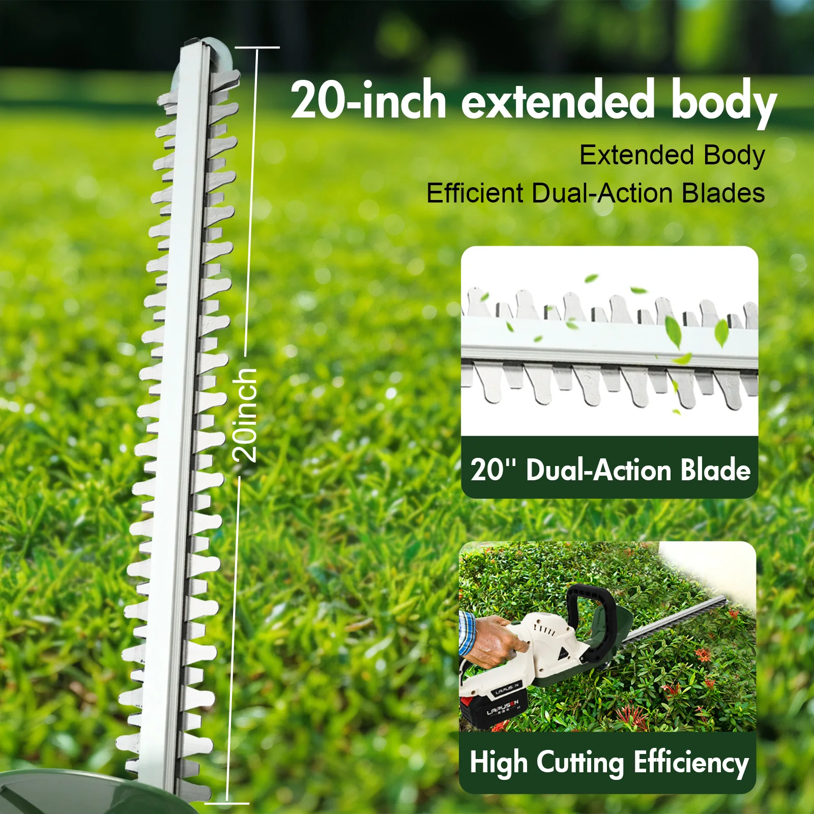 20 Inch Cordless Hedge Trimmer 21V Dual Action Blade Electric 20000RPM Handheld Shrub Trimmer Tool with 4.0Ah Battery Charger