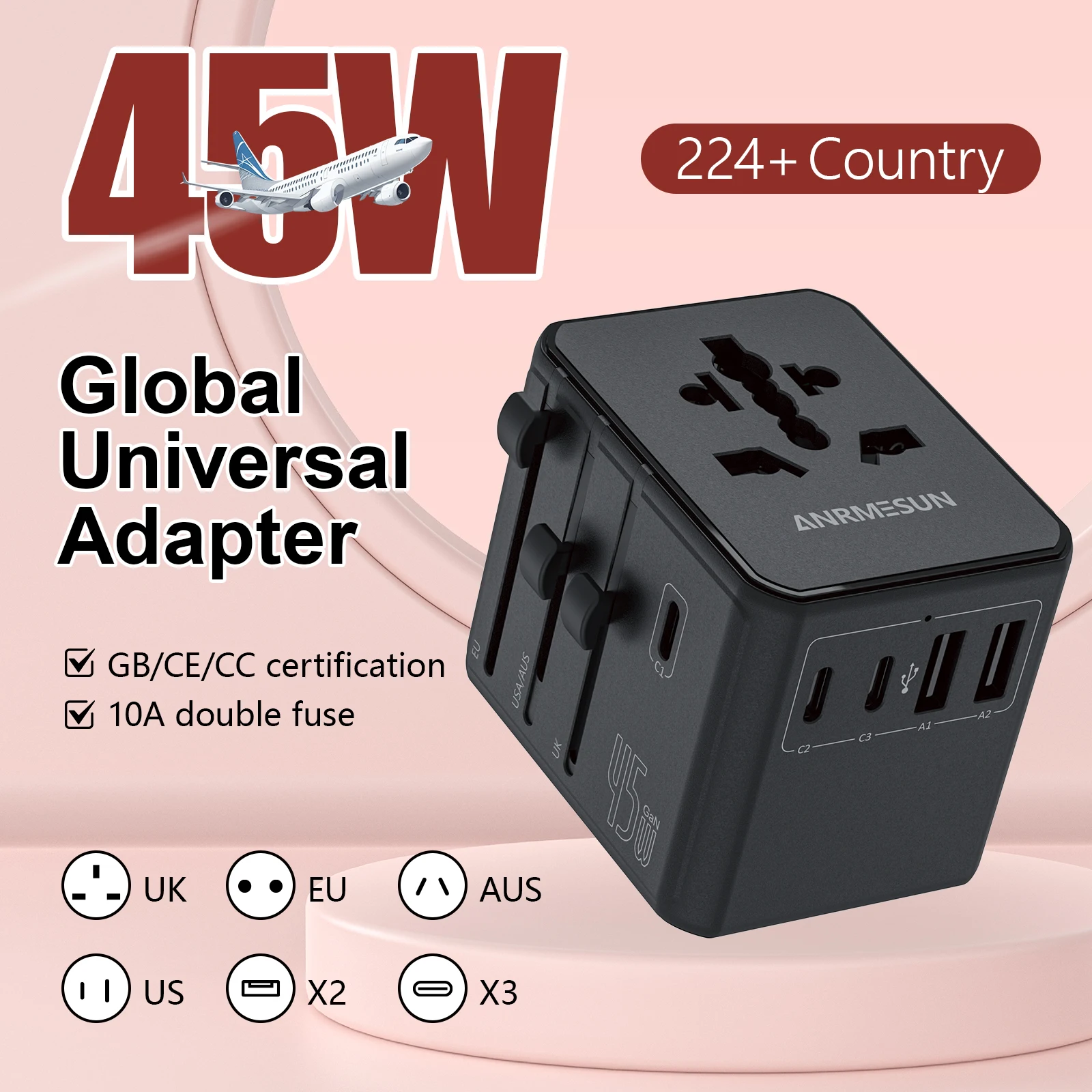 Adaptateur de voyage universel ANRMESUN avec 2 ports USB, 2 ports de charge PD de type C, adaptateur de voyage tout-en-un, prise EU/UK/USA/AUS pour les voyages