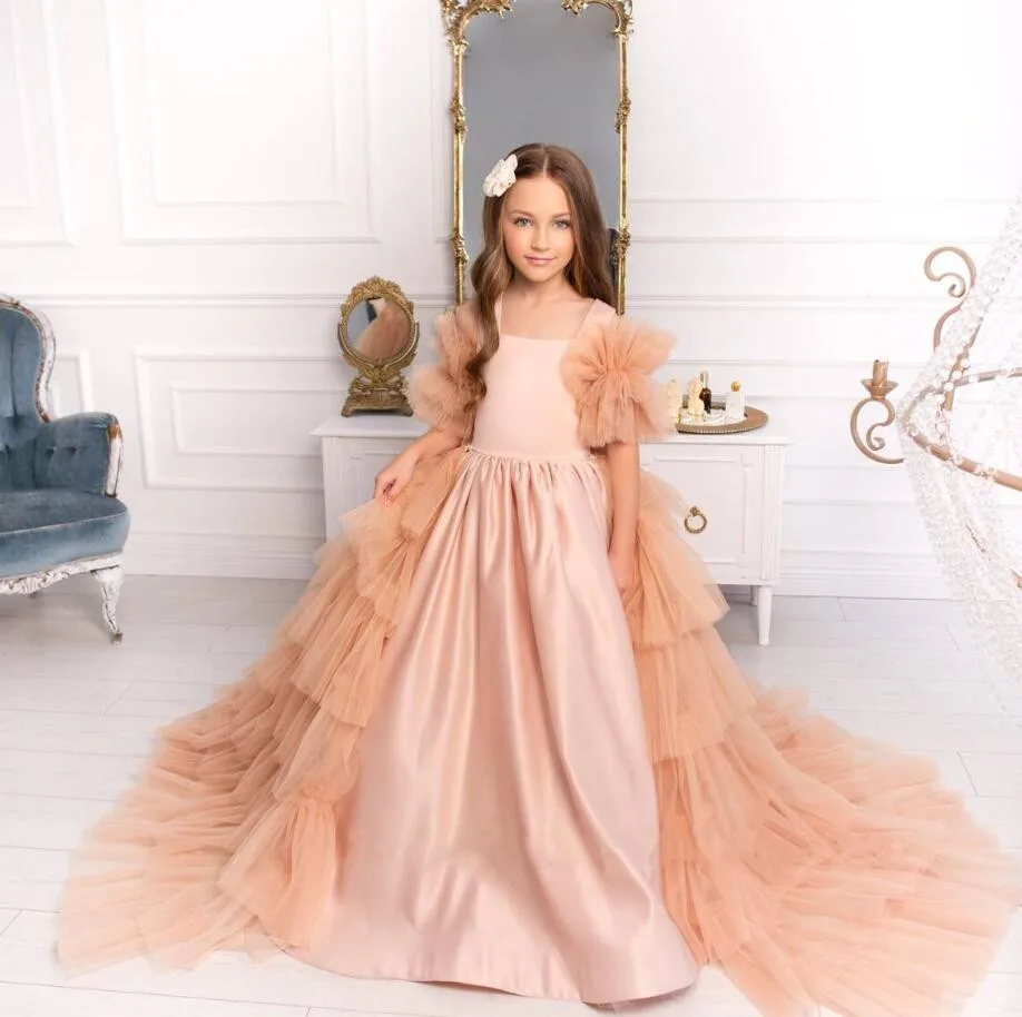 Pink Satin A-Line Flower Girl Dress for Wedding with Detachable Train Princess First Communion Dress Pageant Christmas Gown