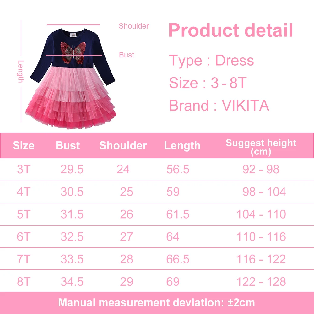 VIKITA Girls Butterfly Sequins Appliqued Dress Kids Long Sleeve Wedding Birthday Party Princess Dresses Girls Cake Tutu Dress