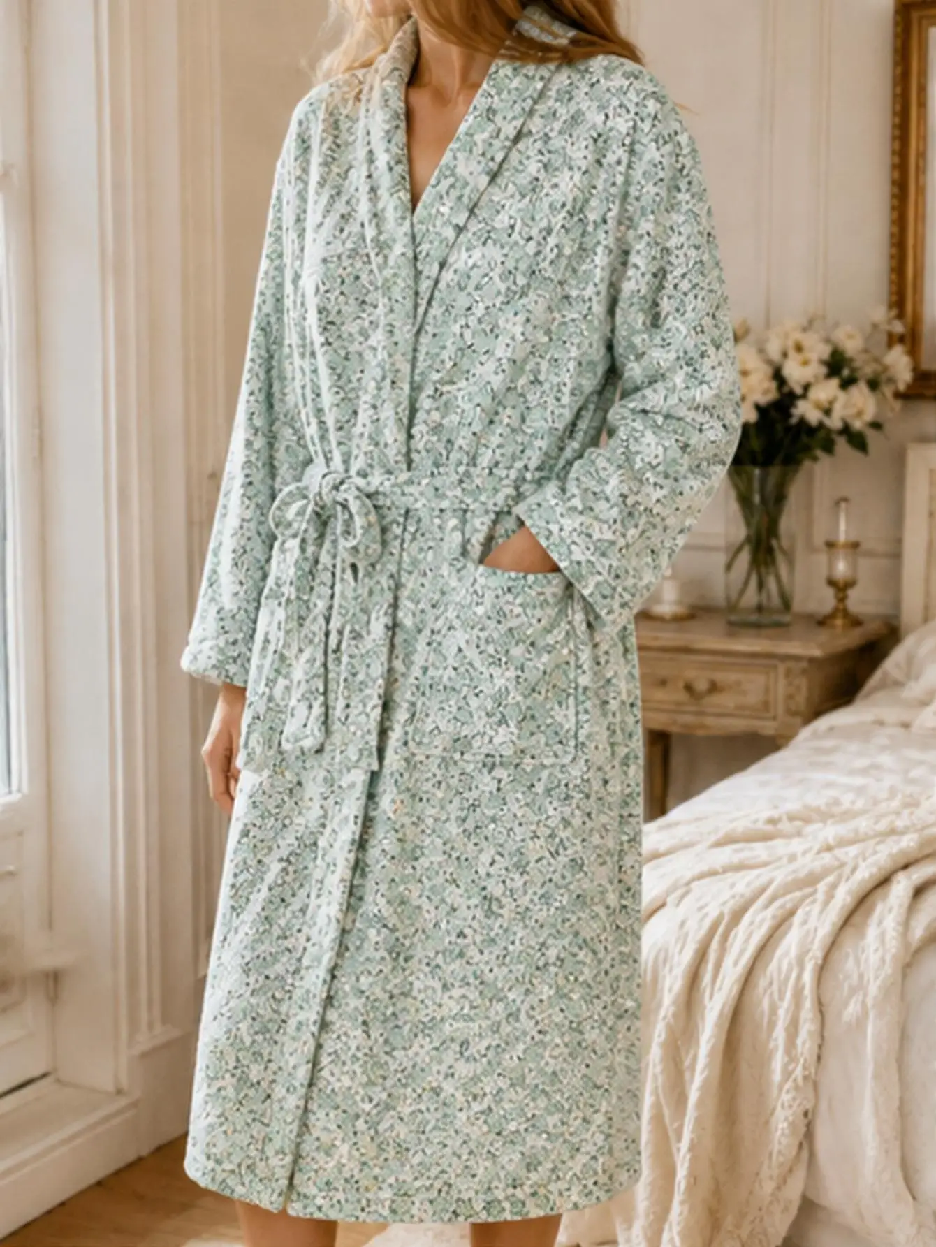 Women Plus Size Green Ditsy Floral Print Coral Fleece Robe Long Sleeve Belted Warm Bathrobe With Pockets Nightgown