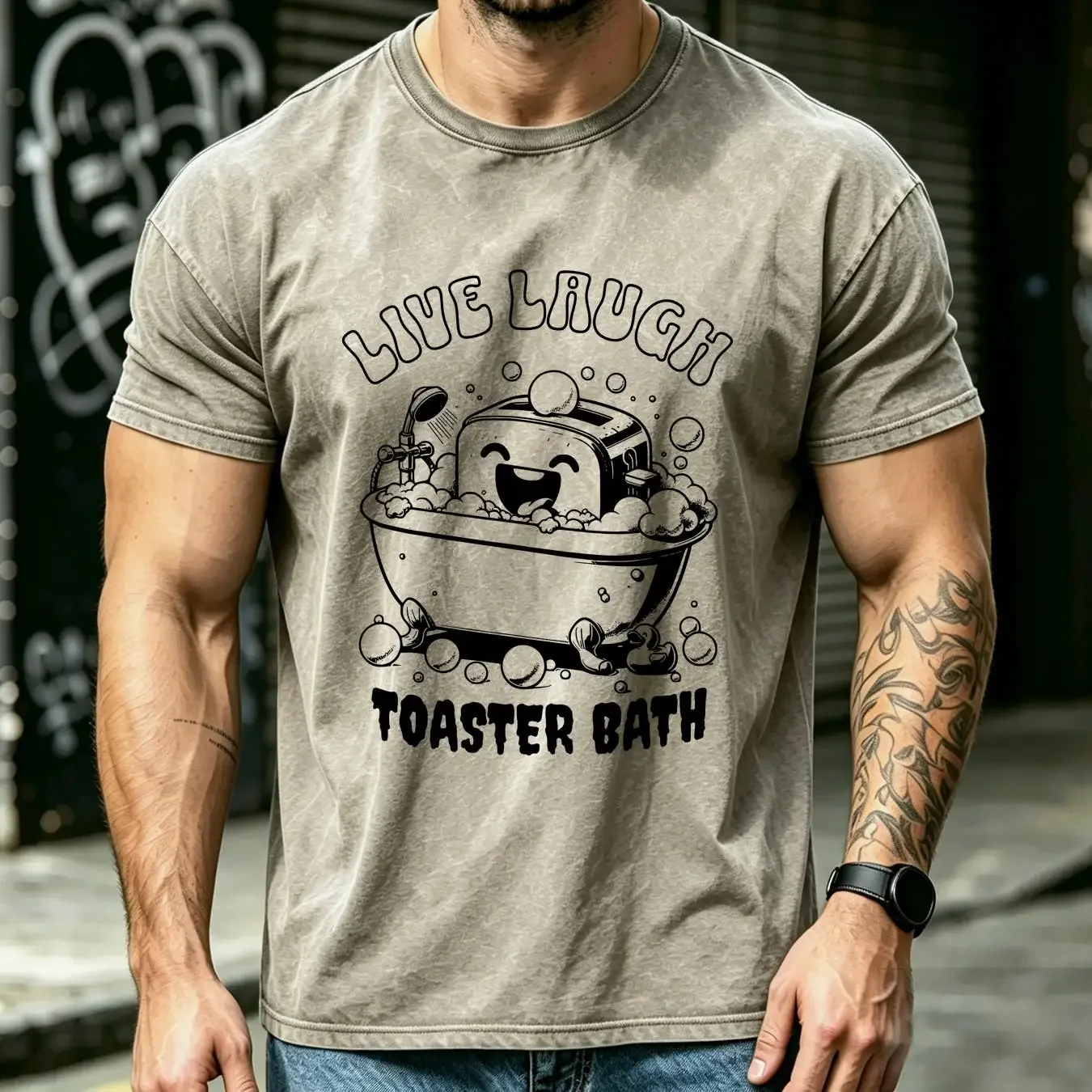 washed T Shirt Live Laugh Toaster Bath Vintage Funny vintage Washed fashion Slightly Versatile Stylish streetwear Soft